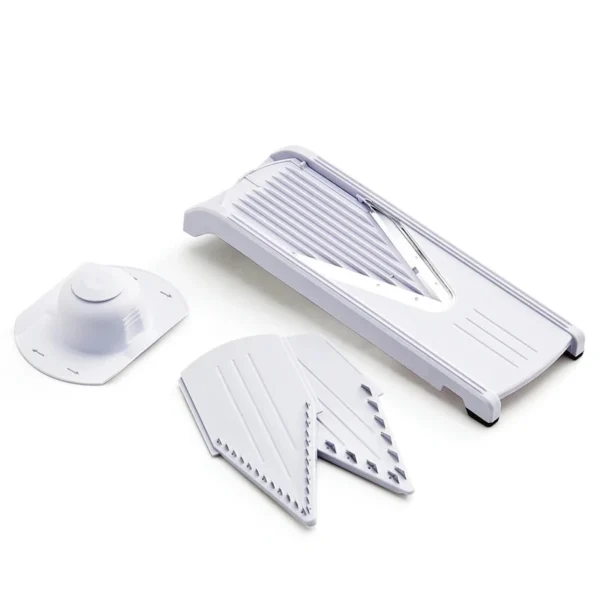 mandoline-cuisine-lame-v-accessoires Mandoline de cuisine avec lame en V, lames interchangeables et poussoir de sécurité
