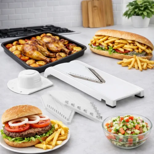 Utilisation de la mandoline pour préparer des salades, des frites et garnir des burgers